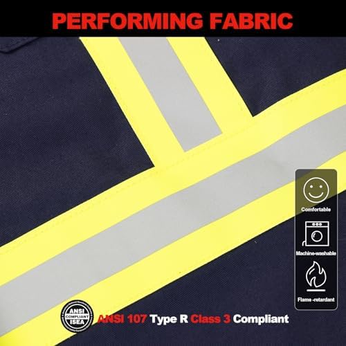 FR Shirts for Men 7oz High Visibility Fire Resistant Shirts CAT2 Welding Shirt 100% Cotton Hi Vis Flame Resistant Shirt Navy(Small)