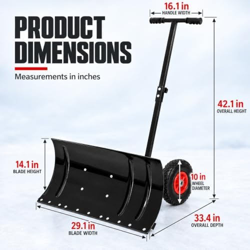 Snow Shovel with Wheels, for Efficient Snow Removal (Single Bar - Black)