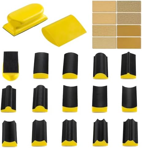 S SATC 16-PCS Hand Sanding Block Set With 40 Sheets Hook And Loop Sandpaper Kit, Interchangeable Assorted Convex & Concave Shapes for Automotive Body, Crafts, Sand Wood Woodworking Furniture