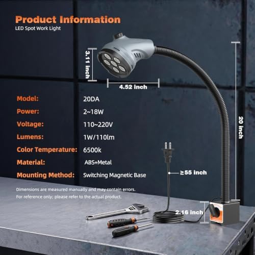 Magnetic Work Light, Flexible Gooseneck Work Light with Rotatable Lamp Head and Adjustable Magnetic Base, Workshop Tool Light or CNC MlilingDrill Press Sewing Machine Industrial Lighting,18W
