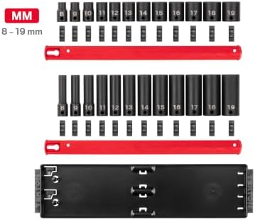 TEKTON 3/8 Inch Drive Impact Socket Set, 24-Piece | SID91213 | (8 - 19 mm), Shallow and Deep, 12-Point, Socket Rail