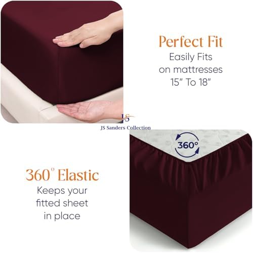 JS Sanders Collection 600TC Flex Top Cal-King Sheets for Sleep Number Bed - 100% Cotton 4 Pcs Top Split Sheets for Adjustable Bed, Cal-King 34 Inch Down Wine -18 Inch Deep