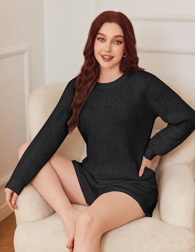 Ekouaer Fuzzy Fleece Pajamas 2 Piece Warm Soft Lounge Set Long Sleeve Sweater Top and Shorts Loungewear Outfits Sweatsuits
