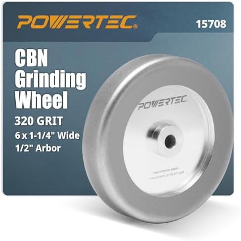 POWERTEC CBN Grinding Wheel 6 Inch 320 Grit, 1-1/4" Wide, 1/2" Arbor – 4-in-1 CBN Sharpening Wheel with 1/4" Radius Edge and Side Face for Bench Grinder (15708)