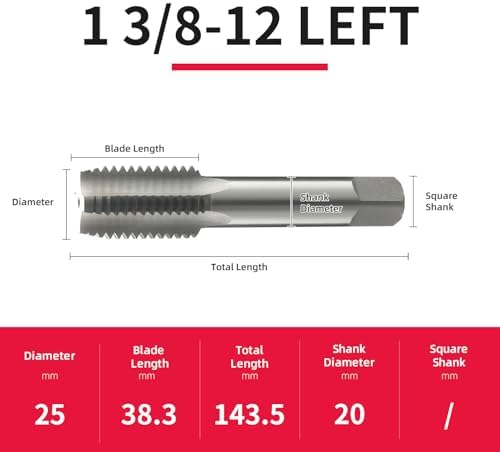 1 3/8-12 Left Hand Straight Flute Thread Tap Machine Tap HSS (High Speed Steel) Threading Tapping Repair Tools DRINYOUNG (1 3/8-12 Left)