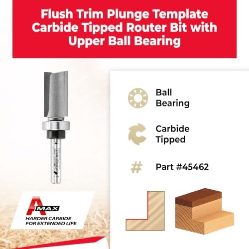Amana Tool 45462 Carbide Tipped Flush Trim Plunge Template 5/8 D x 1 Inch CH x 1/4 SHK w/ Upper Ball Bearing Router Bit