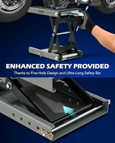 OMT Motorcycle Lift, 1100lb Scissor Jack Stand for ATV Dirt Bike Cruiser | Wide Deck Motorbike Center Stand; Crank Hoist T Handle And 3/8 Inch Socket; 3.7 To 14.6 Inch Lift; 5 Lock Holes; Chain Brush