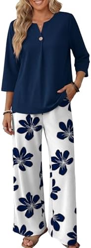 WIHOLL Two Piece Sets for Women 3/4 Length Sleeve Lounge Sets Summer Spring Vacation Travel Outfits Fashion Clothing