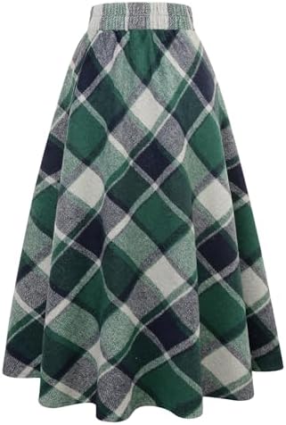 IDEALSANXUN Womens Plaid Wool Skirts Elastic Waist A-Line Pleated Tartan Long Skirts