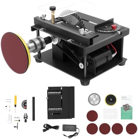 Mini Table Saw 200W Portable Desktop Electric Saw with 7-Speed and 0-90° Angle Adjustment, Multi-Functional Tool for Wood Acrylic Plastic and PCB Cutting Engraving Drilling