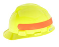 MSA 10102233 V-Gard Cap Style Safety Hard Hat With Fas-Trac III Ratchet Suspension | Polyethylene Shell, Self Adjusting Crown Straps - Standard Size in Hi-Viz Yellow Green/Red-Orange Stripe