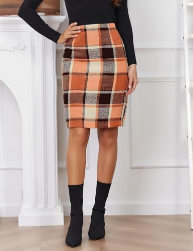IDEALSANXUN Plaid Skirts for Women Fall Winter Knee Length Pencil Wool Skirt with Slit