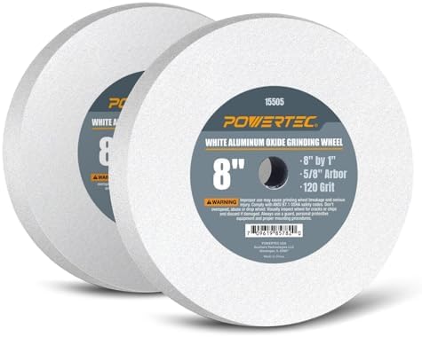 POWERTEC Bench Grinder Wheel 2PK, 8 Inch Grinding Wheel 120 Grit, White Aluminum Oxide, 8 Bench Grinder Wheels for Pedestal & Benches, 1" Thick 5/8" Arbor, Sharpening Shaping Drill Bit Knife -15505-P2