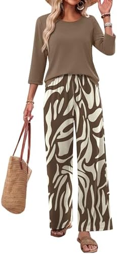 WIHOLL Two Piece Sets for Women Lounge 3/4 Length Sleeve Womens Tops Graphic Pants with Pockets Summer Outfits 2026