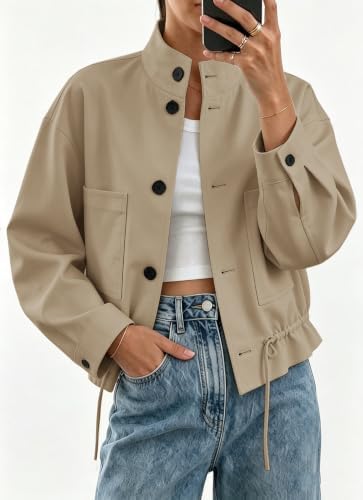 Womens Funnel Neck Jackets Fall Casual Ruffle Hem Cropped Coats