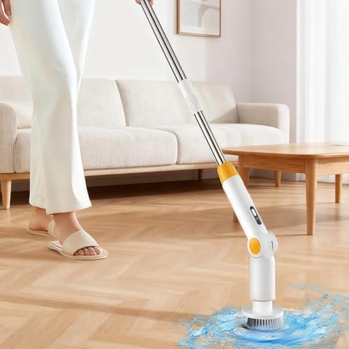9-in-1 Electric Spin Scrubber, Cordless Power Scrubber with Adjustable Extension Arm, 1500 RPM, Digital Display, IPX7 Waterproof, Bathroom Kitchen Cleaning Brush, White and Orange