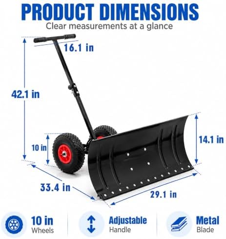 30 inch Snow Pusher with Wheels, Metal Snow Shovel for Driveway
