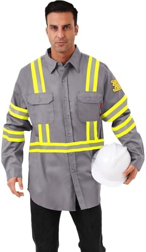 FR Shirts for Men 7oz High Visibility Fire Resistant Shirts CAT2 Welding Shirt 100% Cotton Hi Vis Flame Resistant Shirt Light Gray(Small)