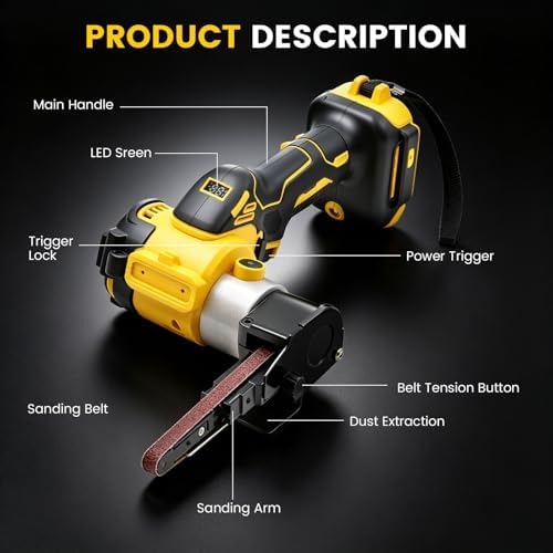 Cordless Detail Band file Sander Compatible with DEWALT 20V MAX Battery (Tool Only),120° Rotatable Head, LED Display, 3/8"x13" Belt, for Woodworking, Paint & Metal Rust Removal, DIY