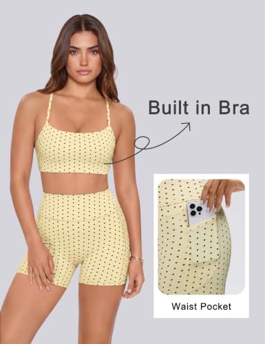 SUUKSESS Women 2 Piece Workout Sets Padded Halter Sports Bras High Waisted Biker Shorts with Pockets
