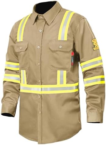 FR Shirts for Men 7oz High Visibility Fire Resistant Shirts CAT2 Welding Shirt 100% Cotton Hi Vis Flame Resistant Shirt Khaki(5X-Large)