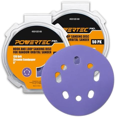 POWERTEC PRO 100PK, 5 Inch Sanding Discs Hook and Loop, 220 Grit, Zirconia Orbital Sander Sandpaper for 5 & 8 Hole Random Orbital Sanders - Automotive, Paint, Metal, Woodworking (45322Z-50-P2)