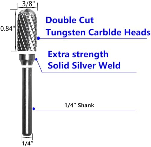 Carbide Burr Set 1/4" Shank SC-3 Die Grinder Bits Tungsten Double Cut Burr Bits (3/8" Cutter Dia X 0.80" Cutter Length) for Die Grinder Kits Metal Grinding Drilling Polishing (5pcs)