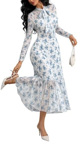 GothDark Polka dot Dress for Women Tie Neck Bow Ruffle Fall Vintage Dress