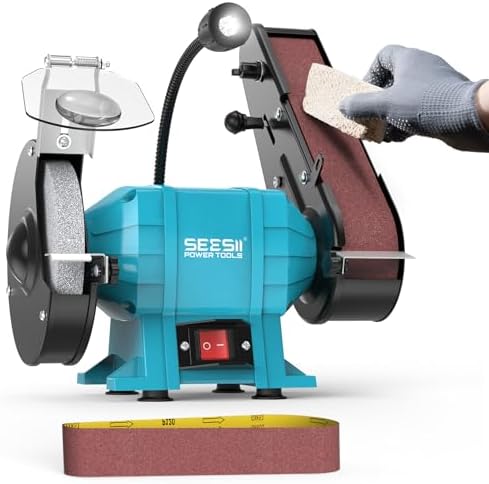 SEESII bench Grinder and Belt Sander Combo: 2"x27" Belt + 6" Disc, 2.5A Motor, 2-In-1 Benchtop Sander for Woodworking, Metal Grinding, with Quick-Release System and Sturdy Base