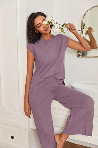 Ekouaer Lounge Sets for Women Two Piece Outfits Knit Cap Sleeve Tops Wide Leg Pleated Pants Casual Dressy Sweater Sets