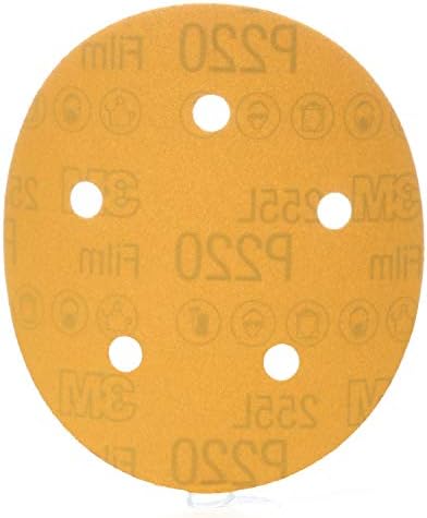 3M Hookit Gold Film D/F Disc 255L, Aluminum Oxide, Dry Only, 5" Diameter, P220 Grit, Gold (Pack of 1)