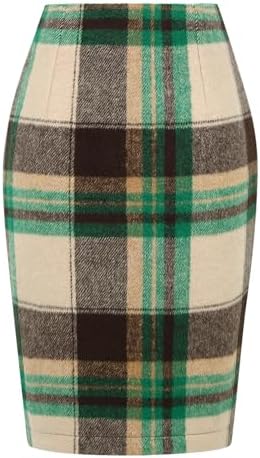 IDEALSANXUN Plaid Skirts for Women Fall Winter Knee Length Pencil Wool Skirt with Slit