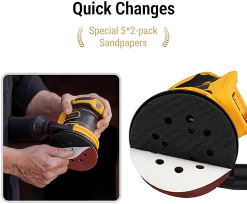5’’ Brushless Cordless Random Orbital Sander Compatible with Dewalt 20V MAX Battery (TOOL ONLY), 12,000OPM Palm Sander, Dust Bag, Lightweight, 10 Sandpapers, 6 Variable Speeds for Wood, Metal & DIY