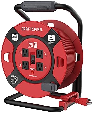 CRAFTSMAN Heavy Duty Retractable Extension Cord, 75 feet with 4 Outlets - 14AWG SJTW Cable - Outdoor Power Cord Reel