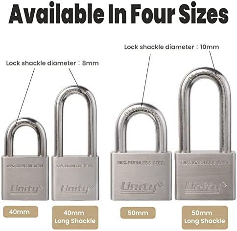 Unity Marine Padlock Keyed Alike 100% Stainless Steel Weatherproof for Sea, Boat, Port, Gate, Anti-Pick (2, 40mm Long Shackle)