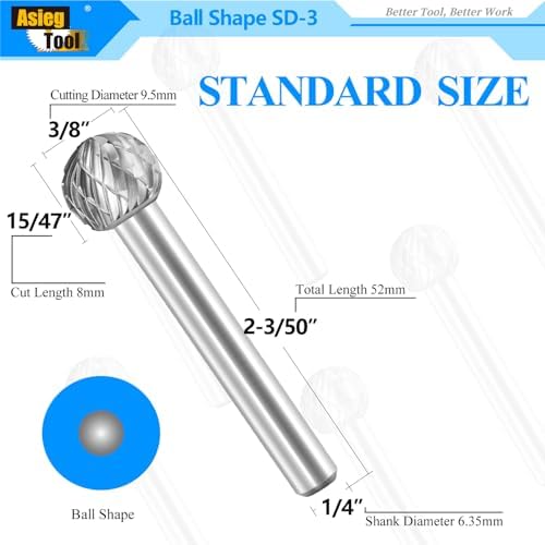 SD-3 Tungsten Carbide Burr Rotary File Ball Shape Double Cut for Die Grinder Drill Bits 1/4'' Inch Diameter of Shank and 3/8'' Inch Diameter of Cutter 15/47'' Inch Cutter Length