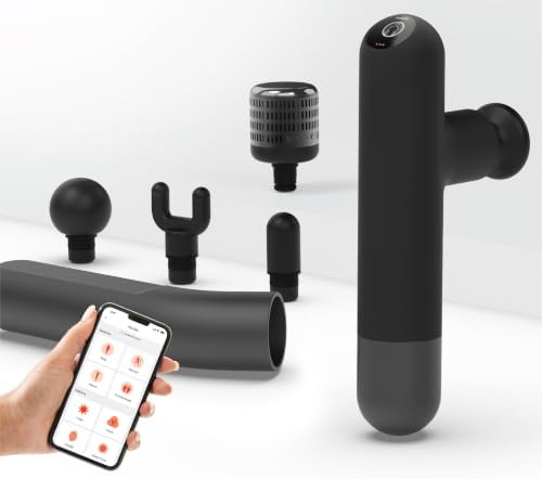 Sharper Image PowerBoost Reach Massage Gun| Guided Massage Program| iOS Android Apple Watch App| Hot + Cold Therapy| Touchscreen| Extension Handle| Deep Tissue Percussion Massager| Gifts for Men Women