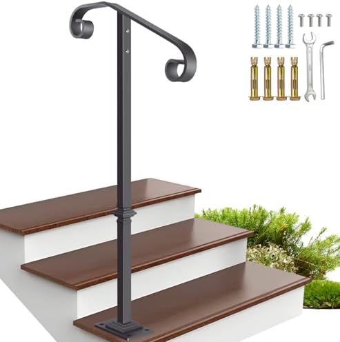Wrought Iron Handrail 38.8" H, Single Post Handrail Fits 1 or 2 Steps | Sturdy Outdoor Stair Railing for Concrete&Wooden Steps with Base, Stair Handrails, Grab Rail for Steps Porch, Gray