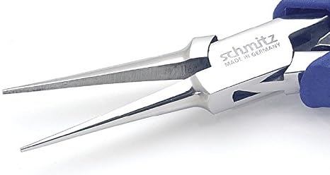 Needle Nose Pliers 6.1/8'' - schmitz 4442HS22 - straight, long, very slim, tapered, serrated jaws - ESD Dissipative - Hightech tool for professionals - Made in Germany - Solingen