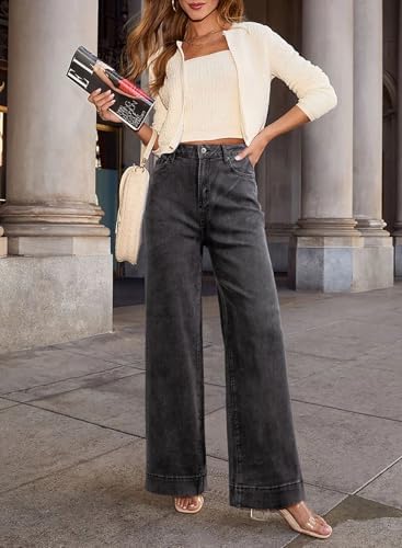 Dokotoo Women's Casual High Waisted Jeans Stretch Wide Leg Loose Denim Pant