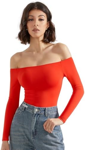 SUUKSESS Women Off Shoulder Long Sleeve Bodysuits Double Lined Basic Tops