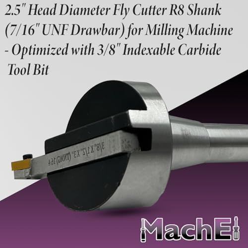 Machel 2.5" Fly Cutter with R8 Shank (7/16" UNF Drawbar) for Milling Machines – Includes 3/8" Square HSS Tool Bit and Indexable Carbide Insert Tool