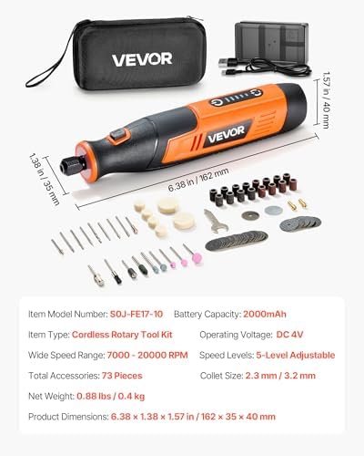 VEVOR 73-Piece Cordless Rotary Tool Kit, DC4V Portable Mini Power Rotary Tool, 5-Level Speed 7000-20000 RPM Multi-Purpose DIY Tools for Engraving, Sanding, Polishing, Carving, Cutting, DIY Crafts