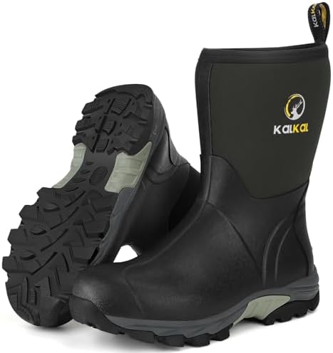 Kalkal Rubber Boots for Men, Waterproof Insulated Mid Calf Mens Rain Boots