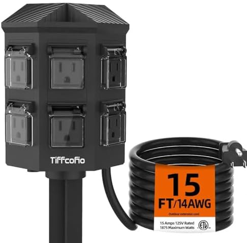 TiFFCOFiO Outdoor Power Strip Weatherproof, 15 FT Extension Cord with Stake, 6 Grounded Outlets for Christmas Yard Decorations and Inflatables, 15A/1875W, ETL Listed
