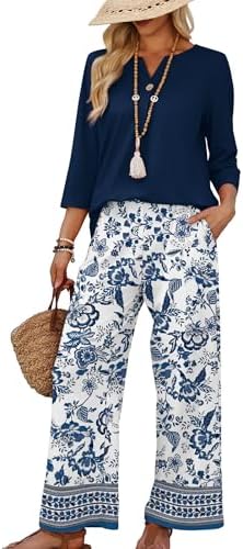 WIHOLL Two Piece Sets for Women 3/4 Length Sleeve Lounge Sets Summer Spring Vacation Travel Outfits Fashion Clothing