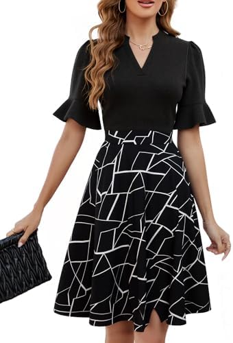 Mokayee Womens Summer V Neck Ruffle Short Sleeve Fit and Flare Knee Length Church Wedding Guest Dresses with Pockets