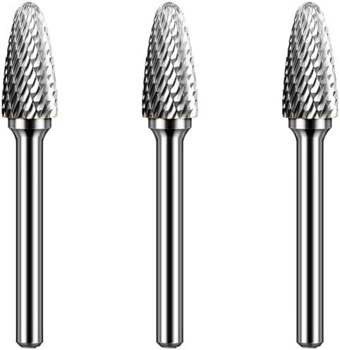 Carbide Burr Set 1/4" Shank SF-3 Die Grinder Bits Tungsten Double Cut Burr Bits (3/8" Cutter Dia X 0.84" Cutter Length) for Die Grinder Kits Metal Grinding Drilling Polishing (3pcs)