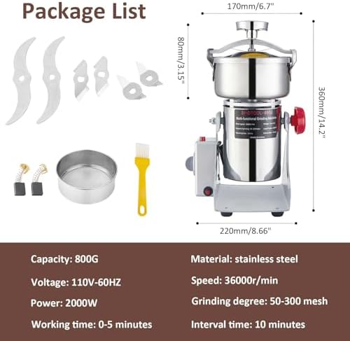 BI-DTOOL Electric Grain Mill Grinder 2000W Dry Material Grinding Machine 800g Stainless Steel Pulverizer 36000r/min High-speed Grain Mill 270° swingable Superfine powder for Home and Commercial 800g