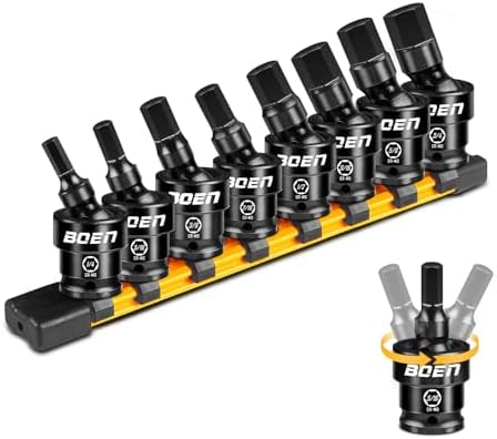 BOEN 8-Pieces Universal Hex Bit Driver Impact Socket, 1/2" Drive SAE Size (1/4", 5/16", 3/8", 7/16", 1/2", 9/16", 5/8" and 3/4") With Socket Rail, CR-MO Steel